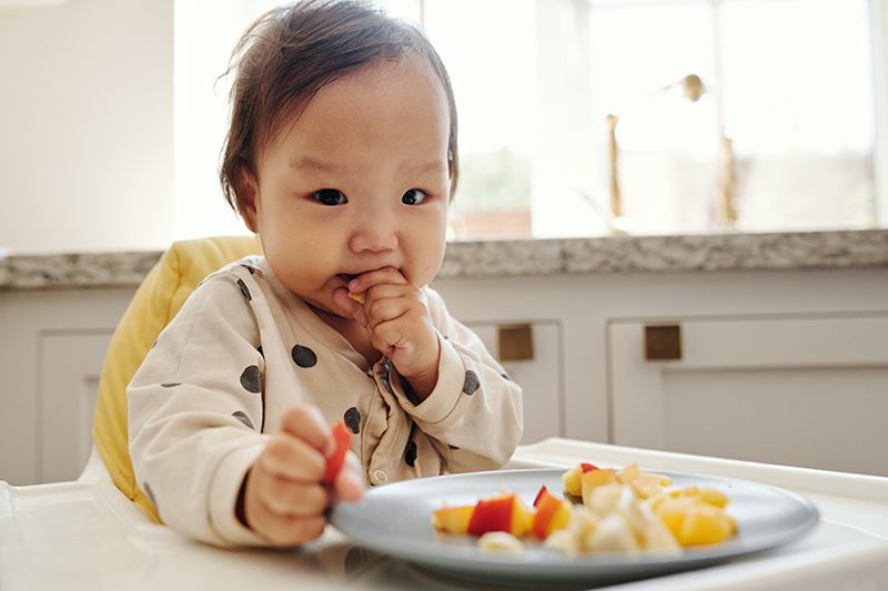 Baby eating fresh fruits and vegetables in a high chair